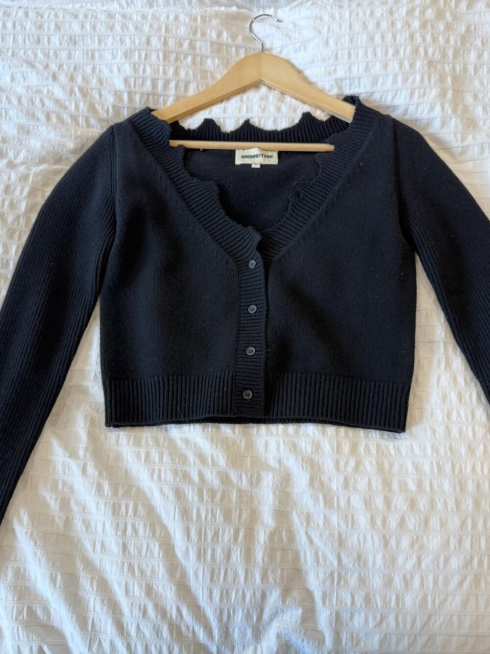 SHUSHU/TONG Black Raw Edge Cropped Cardigan 100% Wool Size S